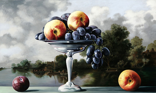 Nectarines and Grapes with River Scene