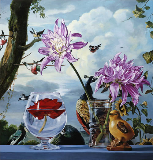 Rose in a glass with Dahlias